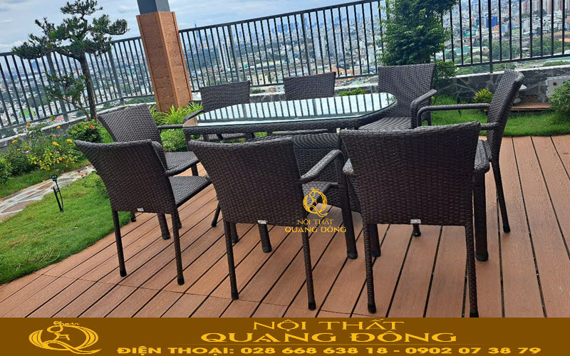 Bàn ghế mây nhựa QD - 2100 thiết kế ghế ngồi thoải mái Thiết kế ghế mây nhựa QD - 2100 có phần tay vịn và kích thước rộng rãi