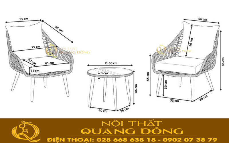 Bản vẻ 3D thể hiện kích thước bàn ghế giả mây Bàn ghế giả mây khi đưa ra bản vẻ với kích thước rõ ràng